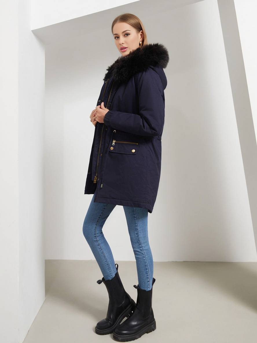 Cocolii mi-longue parka à capuche avce polaire fermeture éclair boutons manches longues femme décontracté hiver manteau