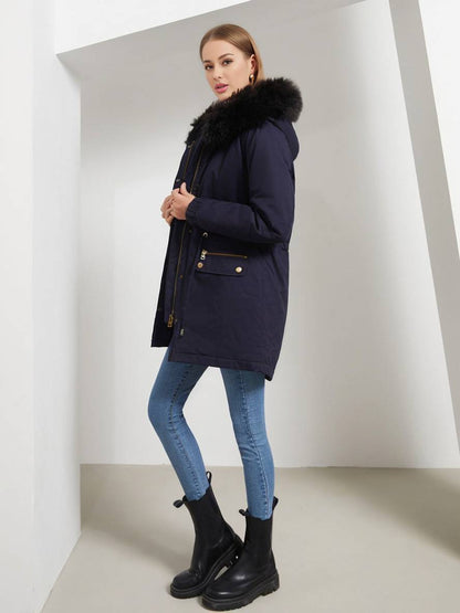 Cocolii mi-longue parka à capuche avce polaire fermeture éclair boutons manches longues femme décontracté hiver manteau