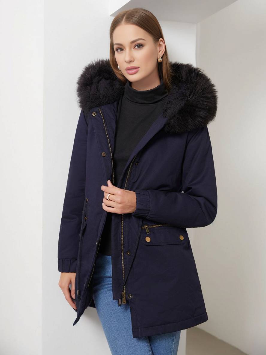 Cocolii mi-longue parka à capuche avce polaire fermeture éclair boutons manches longues femme décontracté hiver manteau