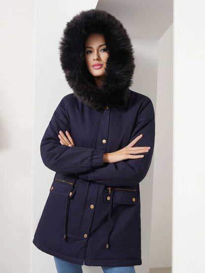 Cocolii mi-longue parka à capuche avce polaire fermeture éclair boutons manches longues femme décontracté hiver manteau