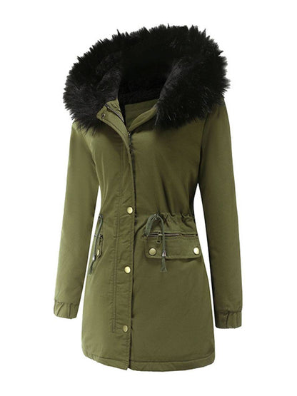 Cocolii mi-longue parka à capuche avce polaire fermeture éclair boutons manches longues femme décontracté hiver manteau