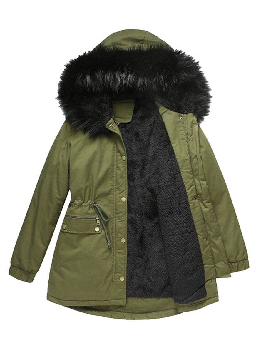Cocolii mi-longue parka à capuche avce polaire fermeture éclair boutons manches longues femme décontracté hiver manteau