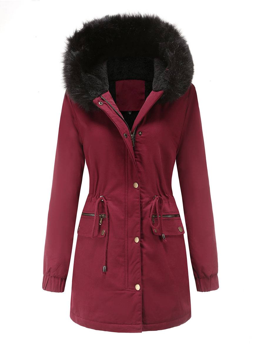 Cocolii mi-longue parka à capuche avce polaire fermeture éclair boutons manches longues femme décontracté hiver manteau