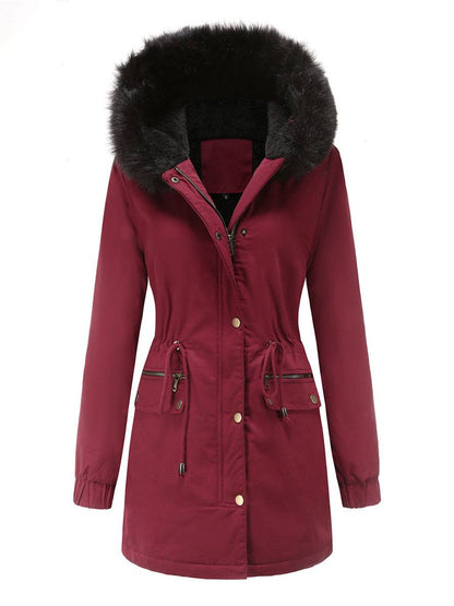 Cocolii mi-longue parka à capuche avce polaire fermeture éclair boutons manches longues femme décontracté hiver manteau