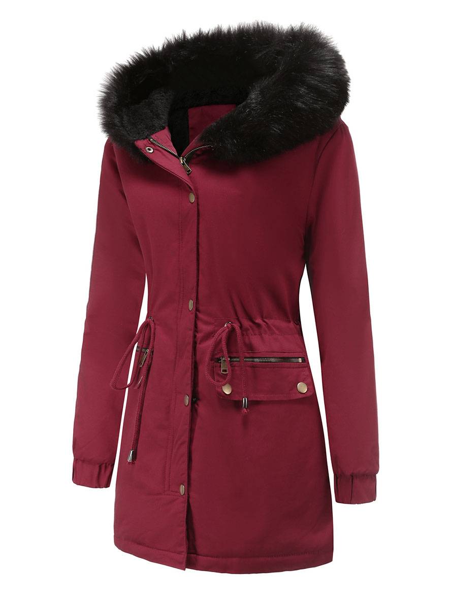 Cocolii mi-longue parka à capuche avce polaire fermeture éclair boutons manches longues femme décontracté hiver manteau