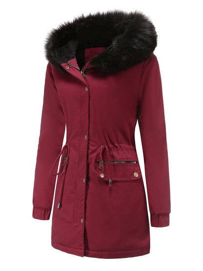 Cocolii mi-longue parka à capuche avce polaire fermeture éclair boutons manches longues femme décontracté hiver manteau