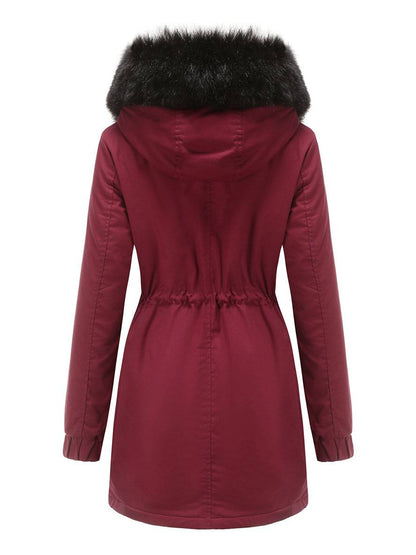 Cocolii mi-longue parka à capuche avce polaire fermeture éclair boutons manches longues femme décontracté hiver manteau