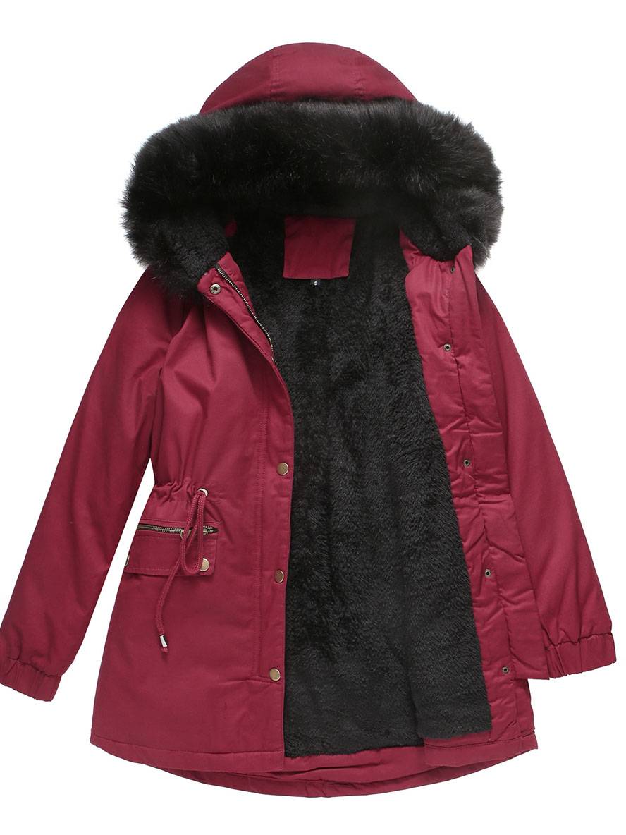 Cocolii mi-longue parka à capuche avce polaire fermeture éclair boutons manches longues femme décontracté hiver manteau