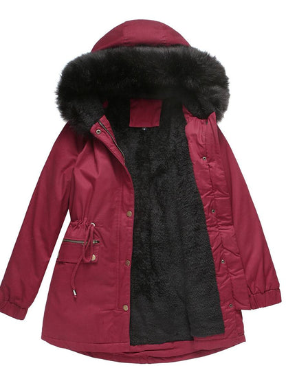 Cocolii mi-longue parka à capuche avce polaire fermeture éclair boutons manches longues femme décontracté hiver manteau