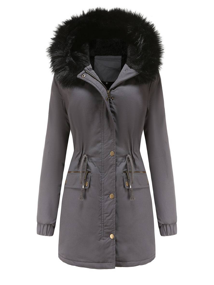 Cocolii mi-longue parka à capuche avce polaire fermeture éclair boutons manches longues femme décontracté hiver manteau
