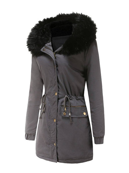 Cocolii mi-longue parka à capuche avce polaire fermeture éclair boutons manches longues femme décontracté hiver manteau