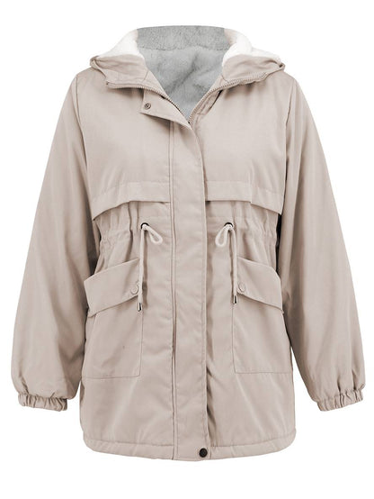 Cocolii mi-longue parka unicolore à capuche boutons poches fermeture éclair femme élégant décontracté manteau
