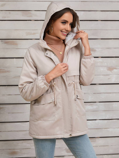 Cocolii mi-longue parka unicolore à capuche boutons poches fermeture éclair femme élégant décontracté manteau