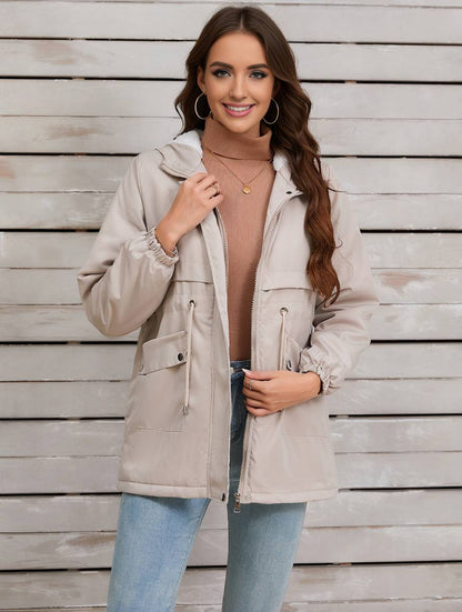 Cocolii mi-longue parka unicolore à capuche boutons poches fermeture éclair femme élégant décontracté manteau