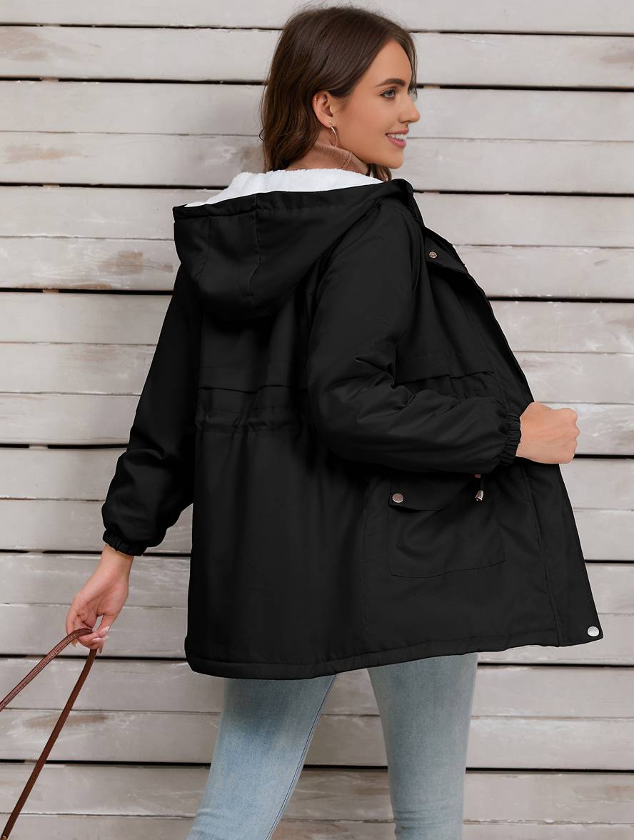 Cocolii mi-longue parka unicolore à capuche boutons poches fermeture éclair femme élégant décontracté manteau