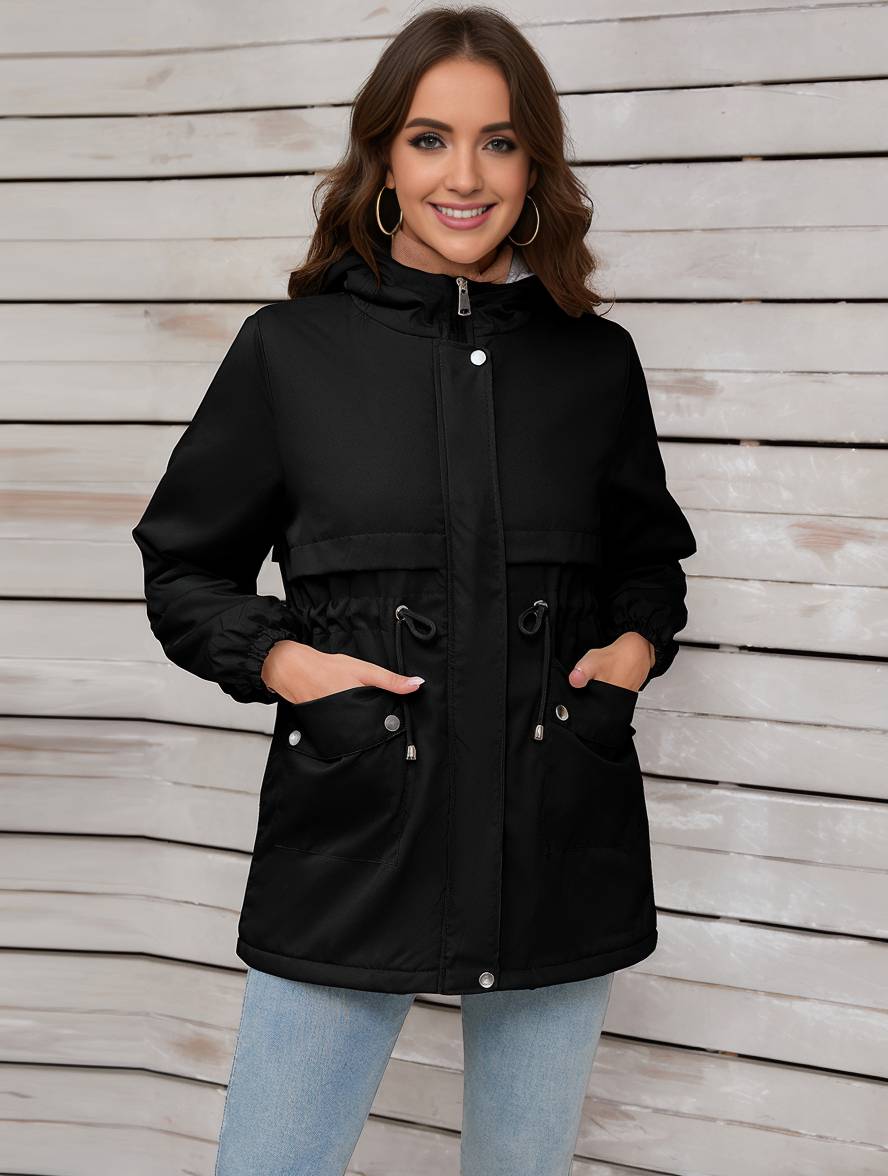 Cocolii mi-longue parka unicolore à capuche boutons poches fermeture éclair femme élégant décontracté manteau