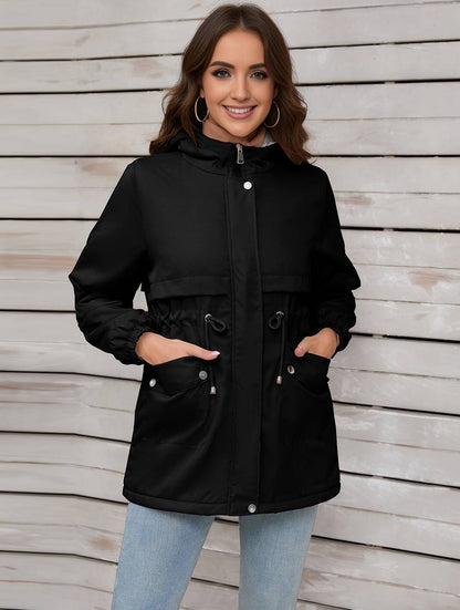 Cocolii mi-longue parka unicolore à capuche boutons poches fermeture éclair femme élégant décontracté manteau