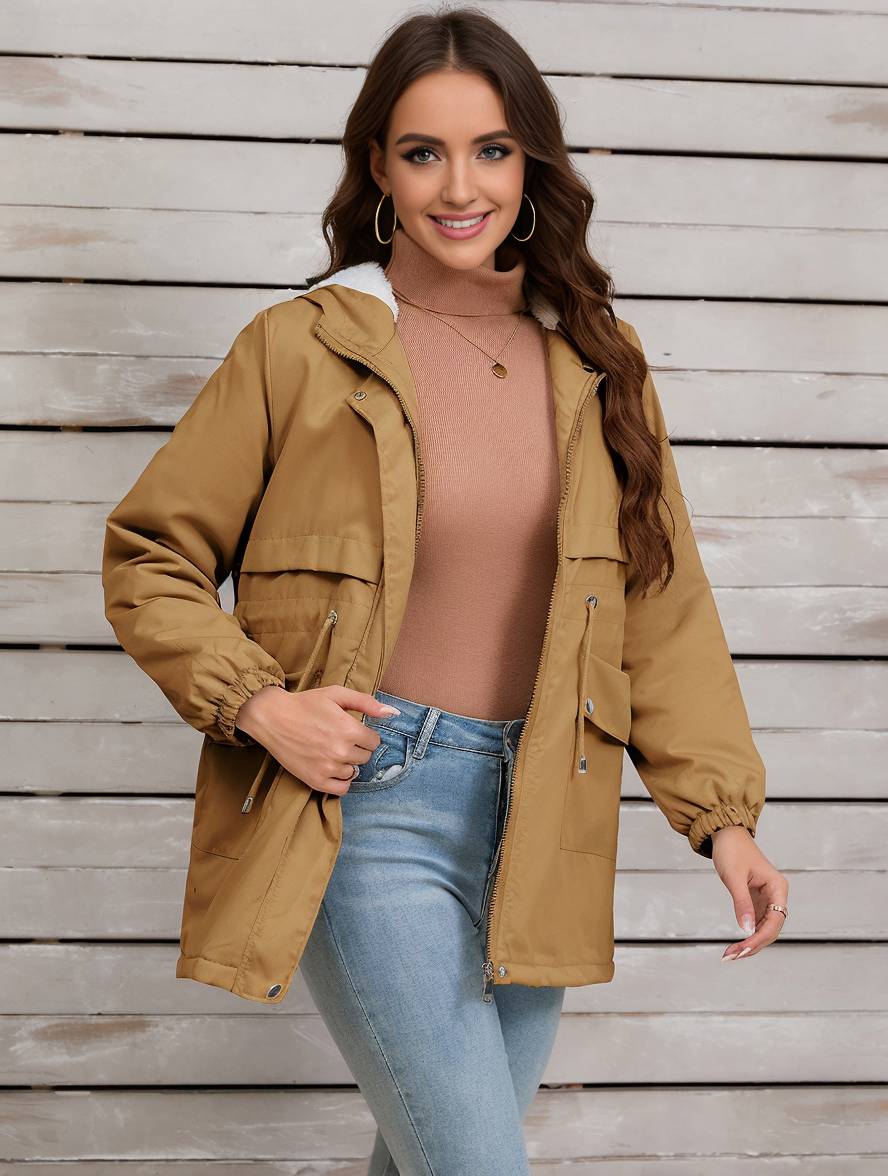 Cocolii mi-longue parka unicolore à capuche boutons poches fermeture éclair femme élégant décontracté manteau