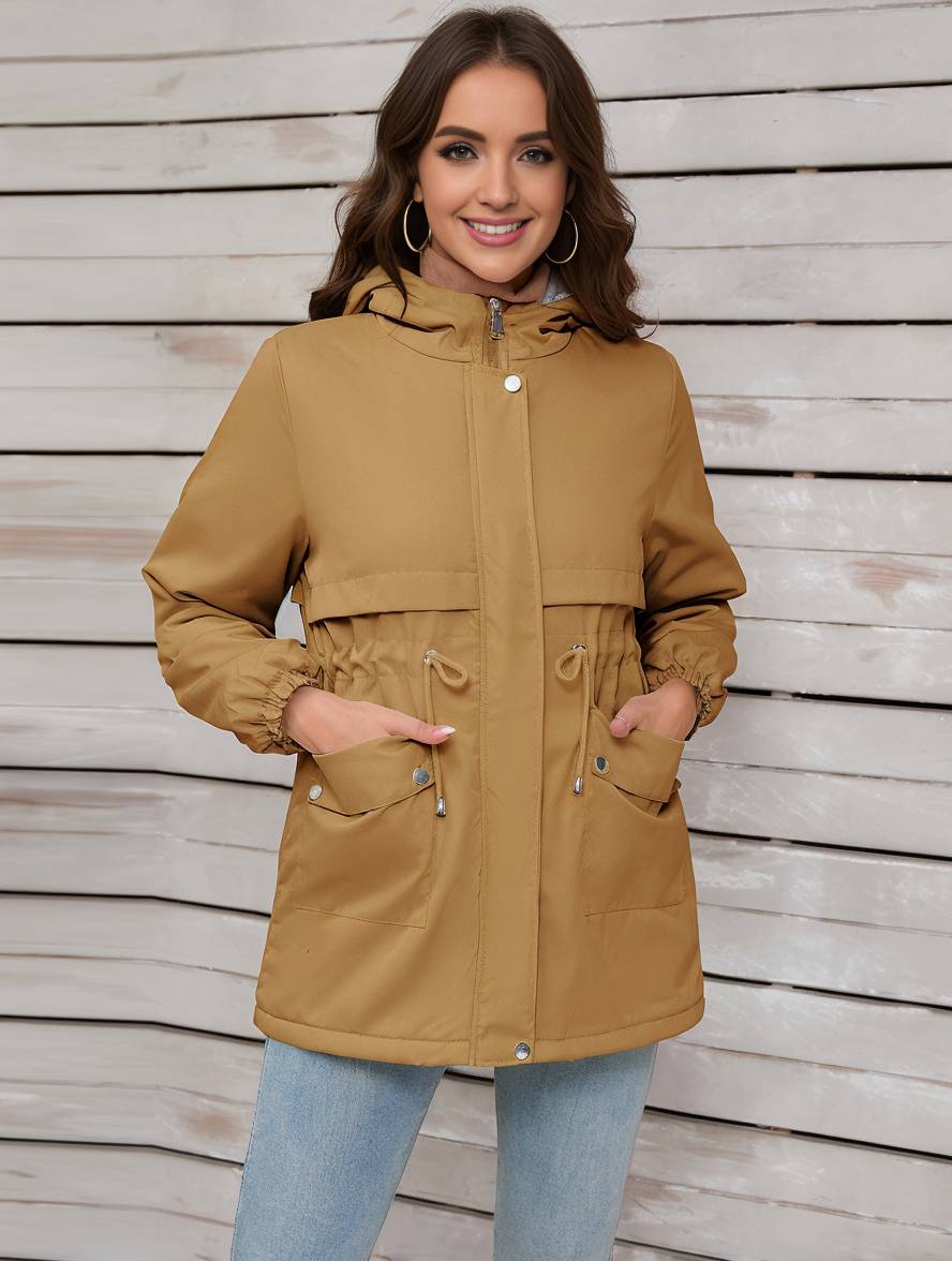 Cocolii mi-longue parka unicolore à capuche boutons poches fermeture éclair femme élégant décontracté manteau