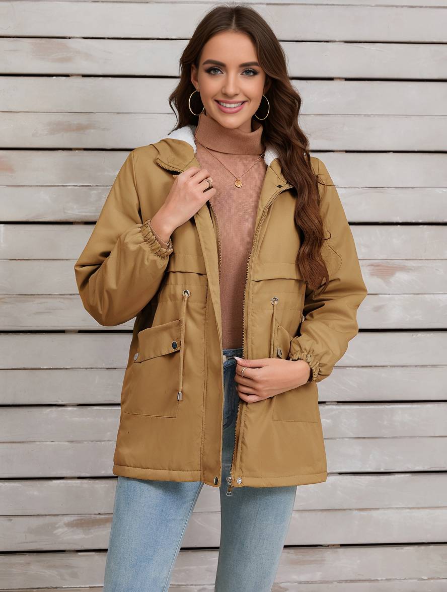 Cocolii mi-longue parka unicolore à capuche boutons poches fermeture éclair femme élégant décontracté manteau