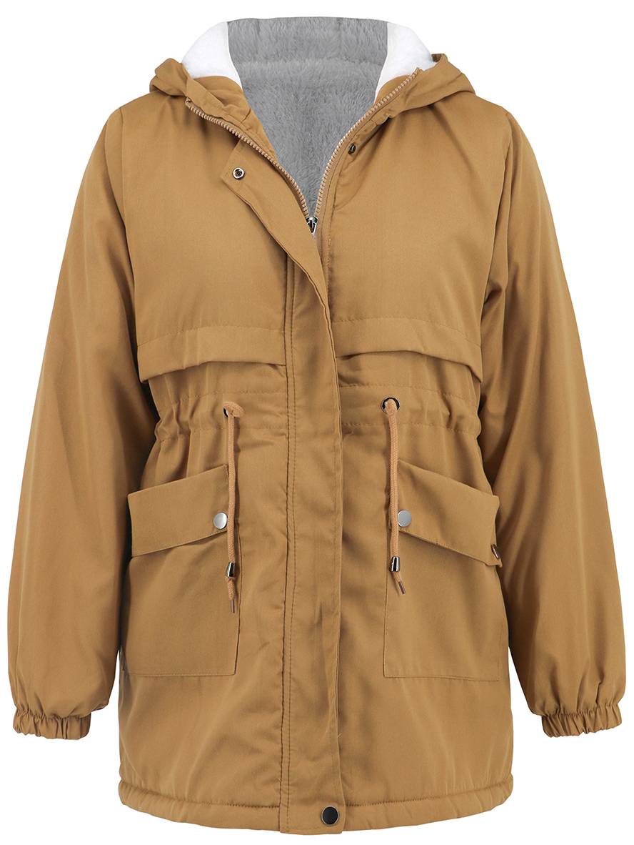 Cocolii mi-longue parka unicolore à capuche boutons poches fermeture éclair femme élégant décontracté manteau