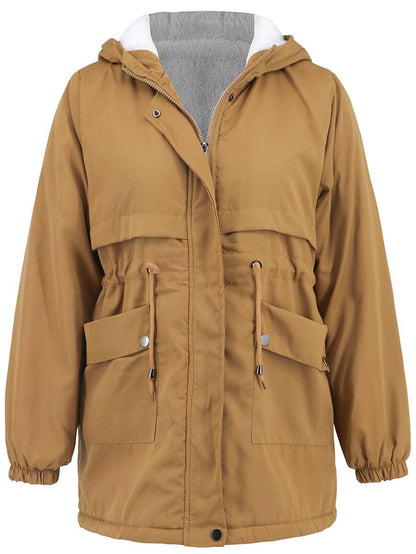 Cocolii mi-longue parka unicolore à capuche boutons poches fermeture éclair femme élégant décontracté manteau