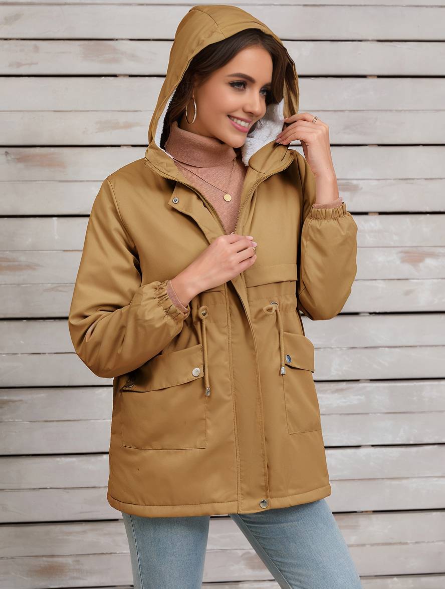 Cocolii mi-longue parka unicolore à capuche boutons poches fermeture éclair femme élégant décontracté manteau