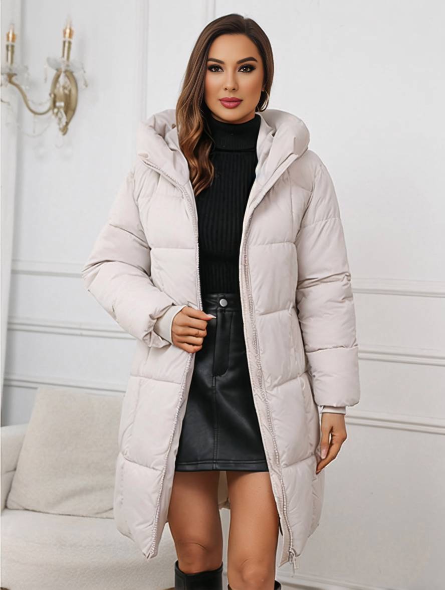 Cocolii mi-longue doudoune à capuche fermeture éclair poches manches longues femme décontracté ample hiver manteau