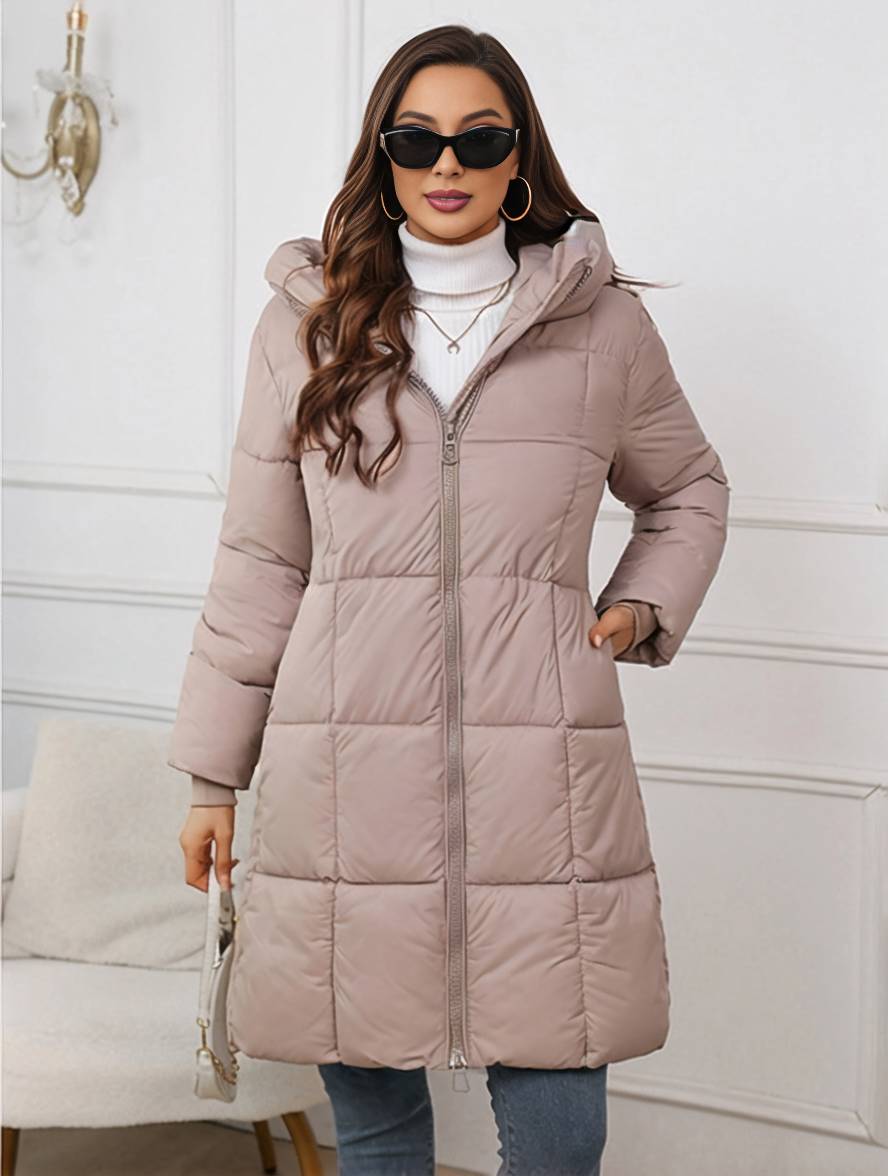 Cocolii mi-longue doudoune à capuche fermeture éclair poches manches longues femme décontracté ample hiver manteau