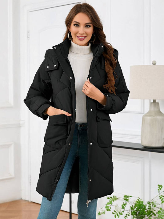 Cocolii mi-longue manteau doudoune unicolore à capuche boutonnage poches femme élégant décontracté oversized