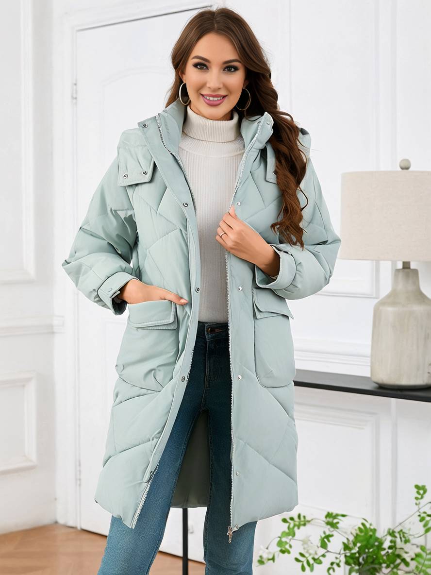 Cocolii mi-longue manteau doudoune unicolore à capuche boutonnage poches femme élégant décontracté oversized