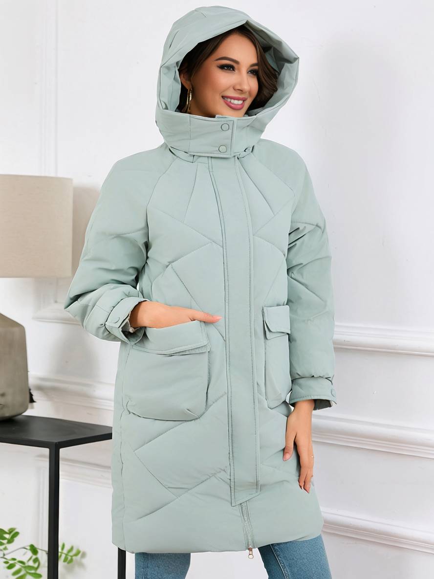 Cocolii mi-longue manteau doudoune unicolore à capuche boutonnage poches femme élégant décontracté oversized