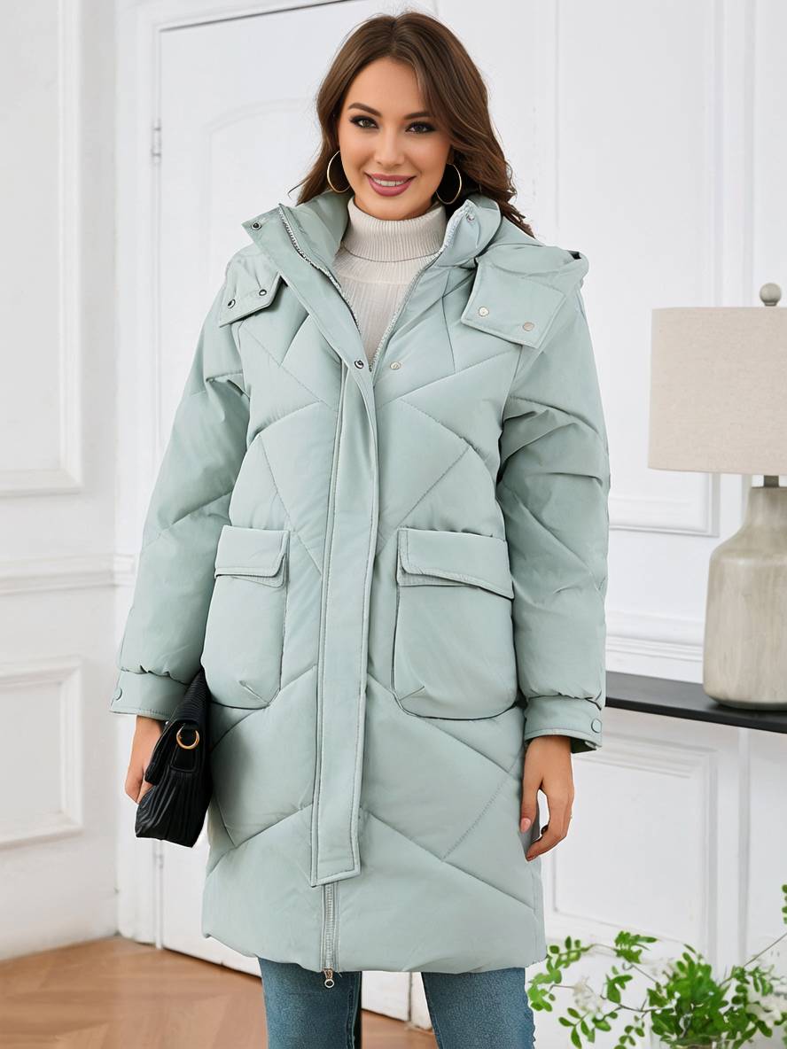 Cocolii mi-longue manteau doudoune unicolore à capuche boutonnage poches femme élégant décontracté oversized