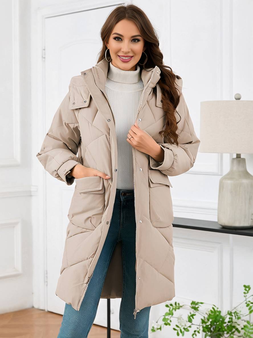 Cocolii mi-longue manteau doudoune unicolore à capuche boutonnage poches femme élégant décontracté oversized