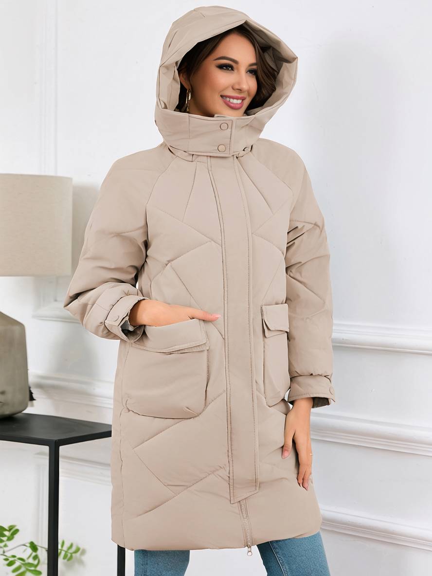 Cocolii mi-longue manteau doudoune unicolore à capuche boutonnage poches femme élégant décontracté oversized