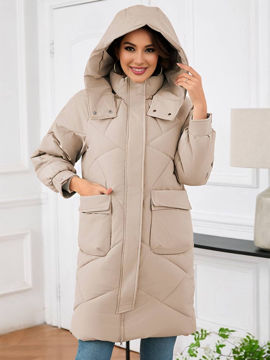 Cocolii mi-longue manteau doudoune unicolore à capuche boutonnage poches femme élégant décontracté oversized