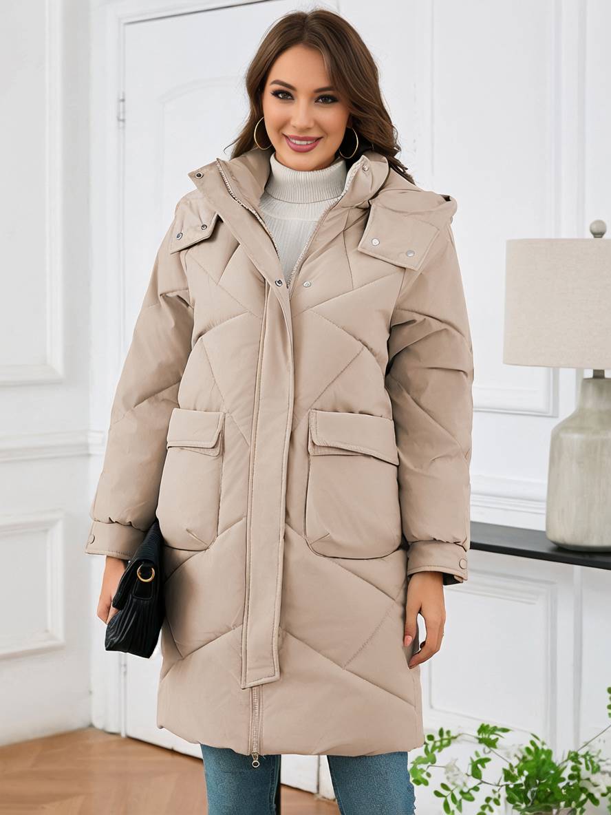 Cocolii mi-longue manteau doudoune unicolore à capuche boutonnage poches femme élégant décontracté oversized