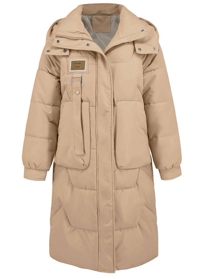 Cocolii longue manteau doudoune unicolore col montant fermeture éclair boutonnage poches femme élégant décontracté veste