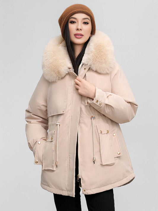 Cocolii mi-longue parka à capuche poches fermeture éclair manches longues femme casual oversized décontracté hiver doudoune
