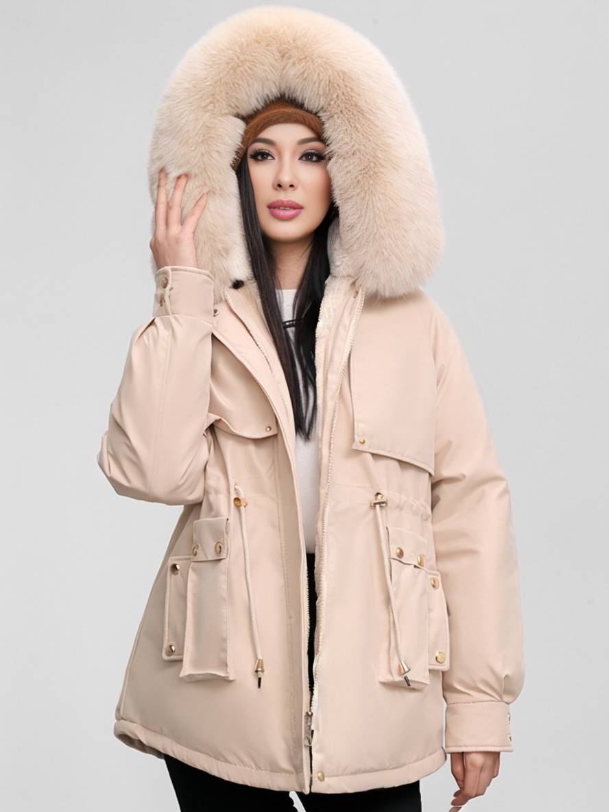 Cocolii mi-longue parka à capuche poches fermeture éclair manches longues femme casual oversized décontracté hiver doudoune