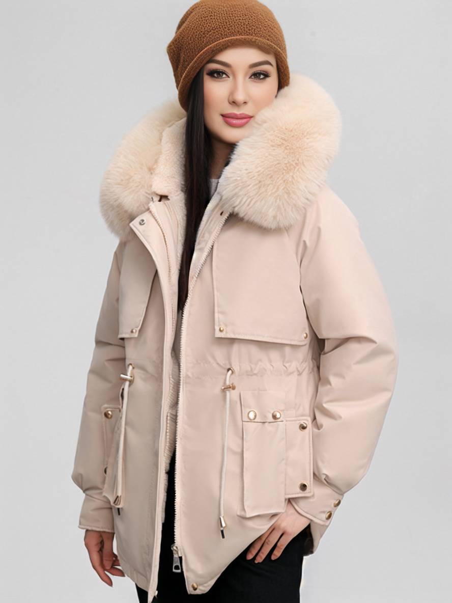 Cocolii mi-longue parka à capuche poches fermeture éclair manches longues femme casual oversized décontracté hiver doudoune