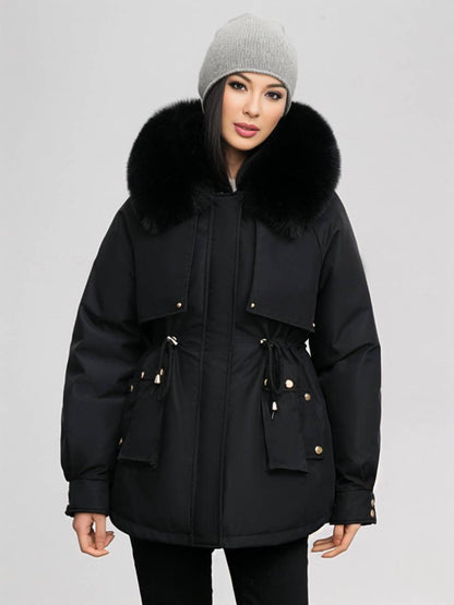 Cocolii mi-longue parka à capuche poches fermeture éclair manches longues femme casual oversized décontracté hiver doudoune