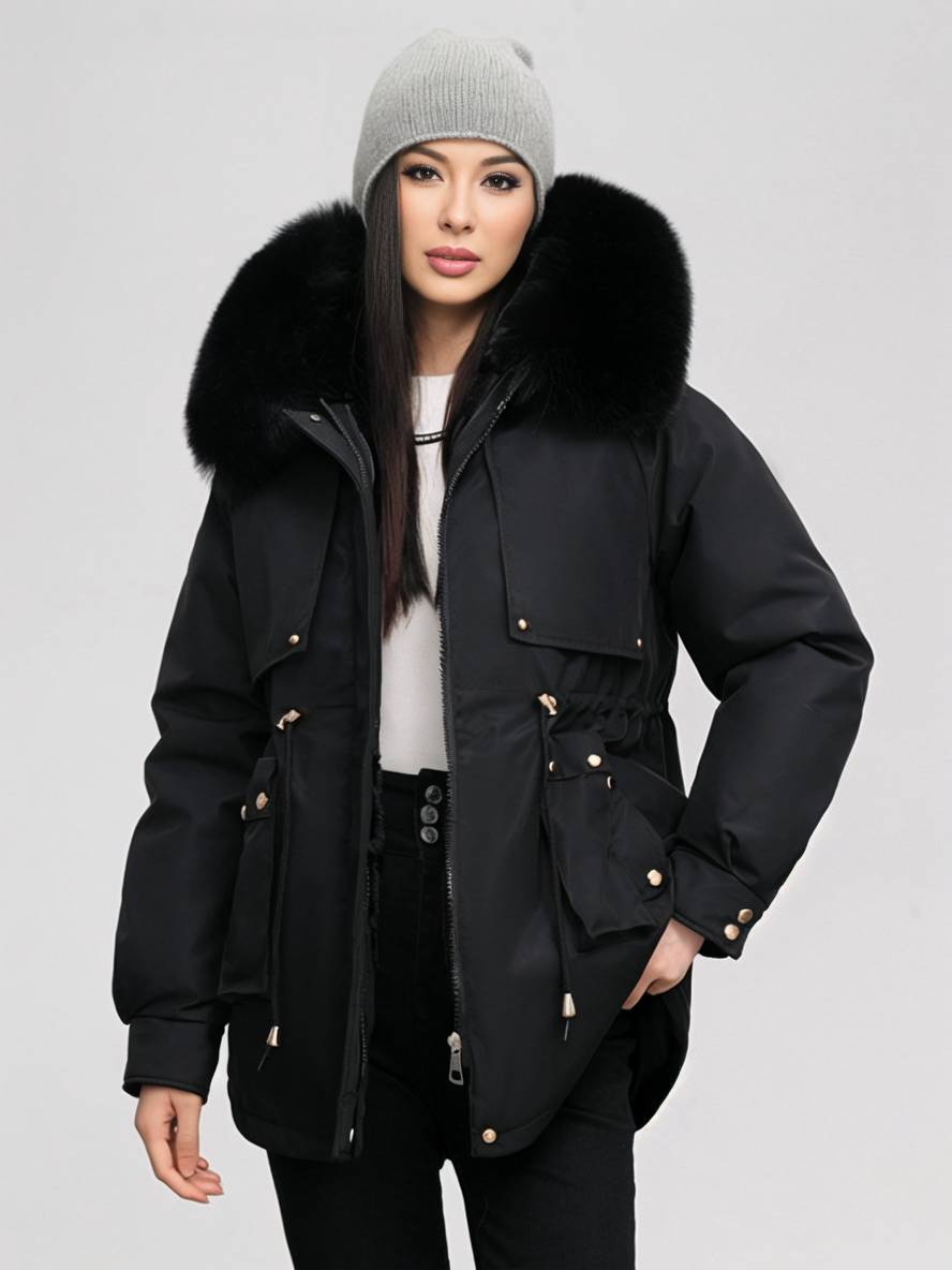 Cocolii mi-longue parka à capuche poches fermeture éclair manches longues femme casual oversized décontracté hiver doudoune
