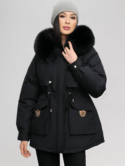 Cocolii mi-longue parka à capuche poches fermeture éclair manches longues femme casual oversized décontracté hiver doudoune