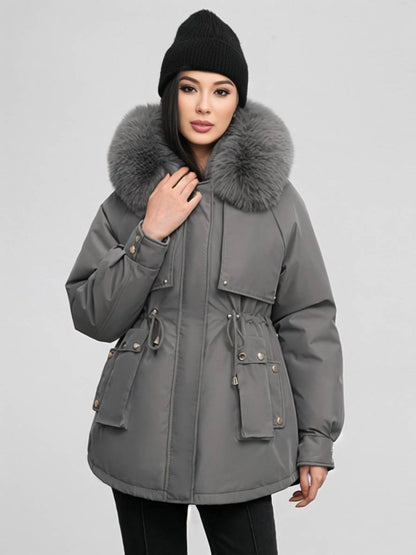 Cocolii mi-longue parka à capuche poches fermeture éclair manches longues femme casual oversized décontracté hiver doudoune