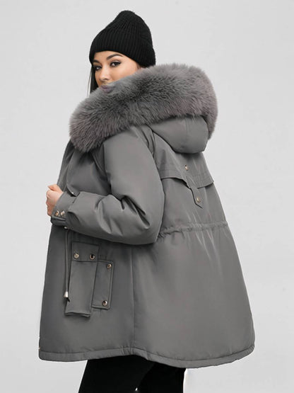 Cocolii mi-longue parka à capuche poches fermeture éclair manches longues femme casual oversized décontracté hiver doudoune