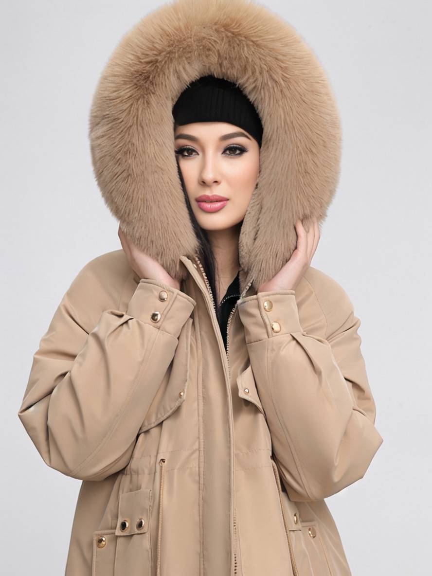 Cocolii mi-longue parka à capuche poches fermeture éclair manches longues femme casual oversized décontracté hiver doudoune