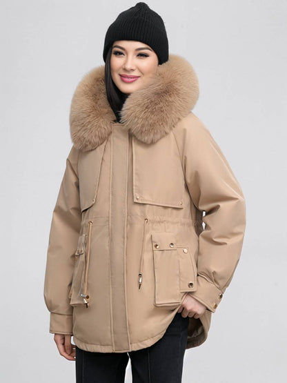 Cocolii mi-longue parka à capuche poches fermeture éclair manches longues femme casual oversized décontracté hiver doudoune