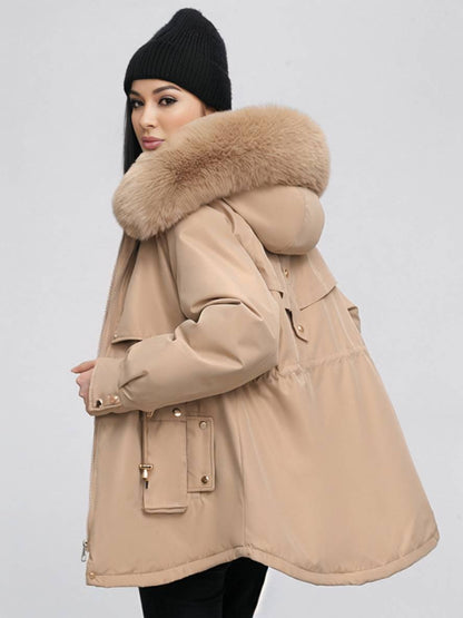 Cocolii mi-longue parka à capuche poches fermeture éclair manches longues femme casual oversized décontracté hiver doudoune