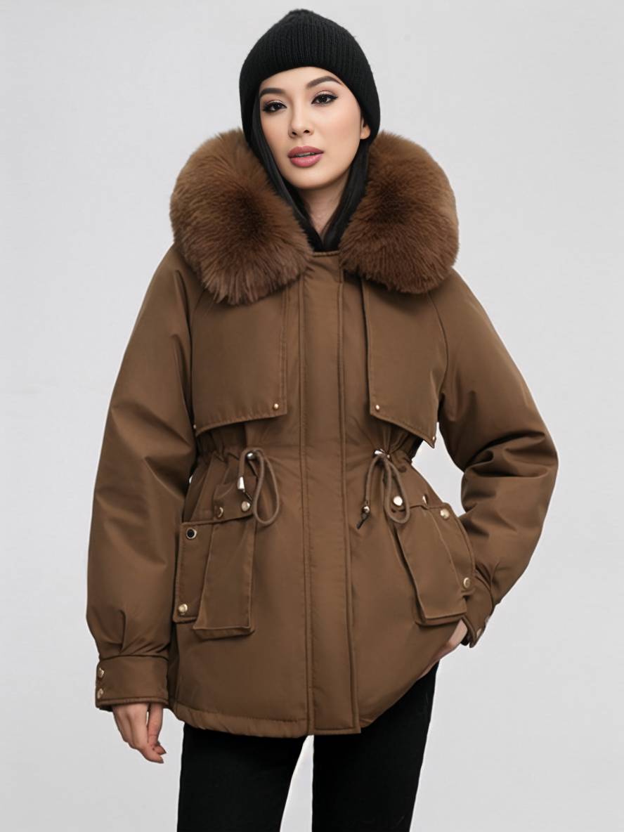 Cocolii mi-longue parka à capuche poches fermeture éclair manches longues femme casual oversized décontracté hiver doudoune